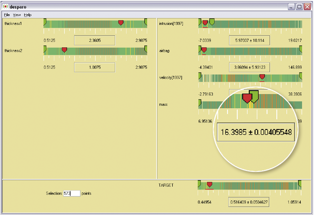 The DesParO user interface shows local tolerances of the model generated for a design optimization.