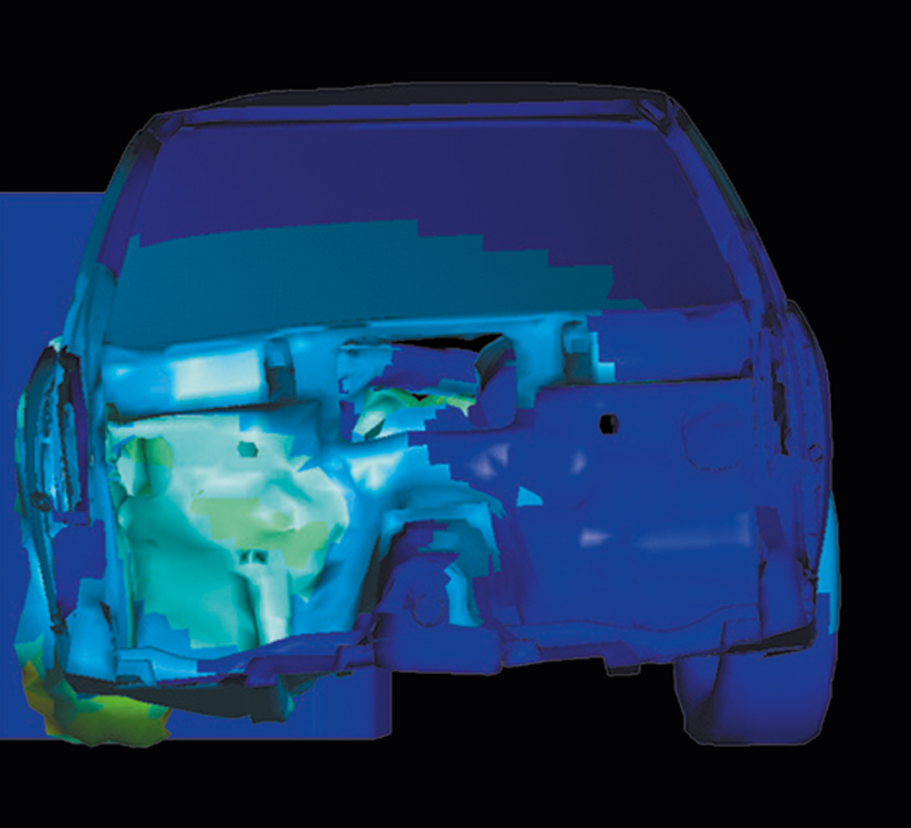 Ein Blick vom hinteren Teil des PKW in den Fußraum des Fahrers zeigt verschiedene Simulationsergebnisse.
