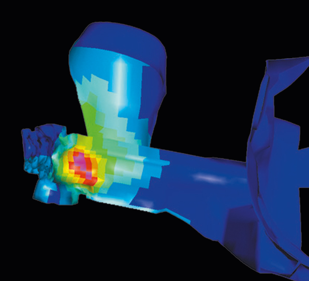 Verschiedene Simulationsergebnisse des linken Motorträges 35 Millisekunden nach dem Aufprall.