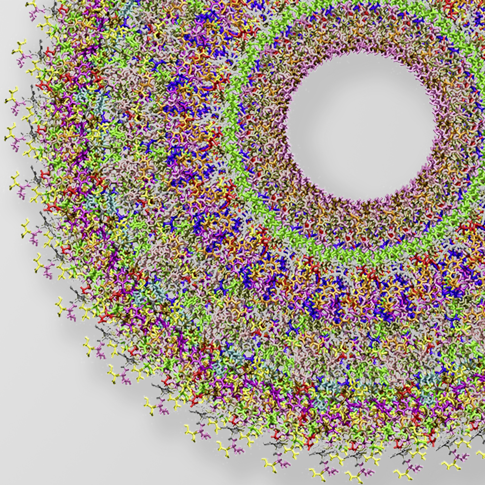 Auch winzige Objekte lassen sich detailiert abbilden: Hier das atomistische Modell des Tabakmosaikvirus. Das röhrenförmige Virus ist ca. 300 nm lang und 18 nm im Durchmesser.