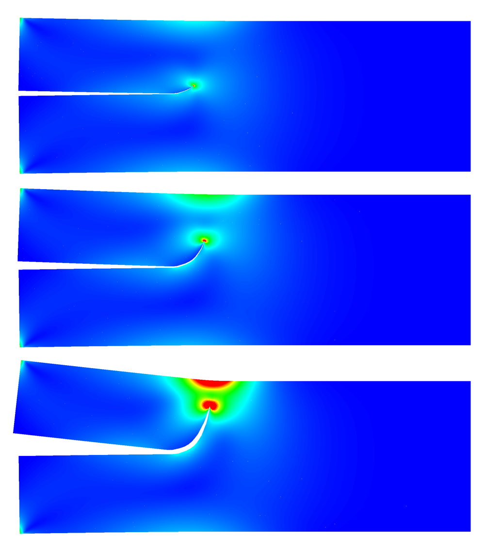 Contour plots of the von Mises stress for several snapshots of a crack growth simulation.
