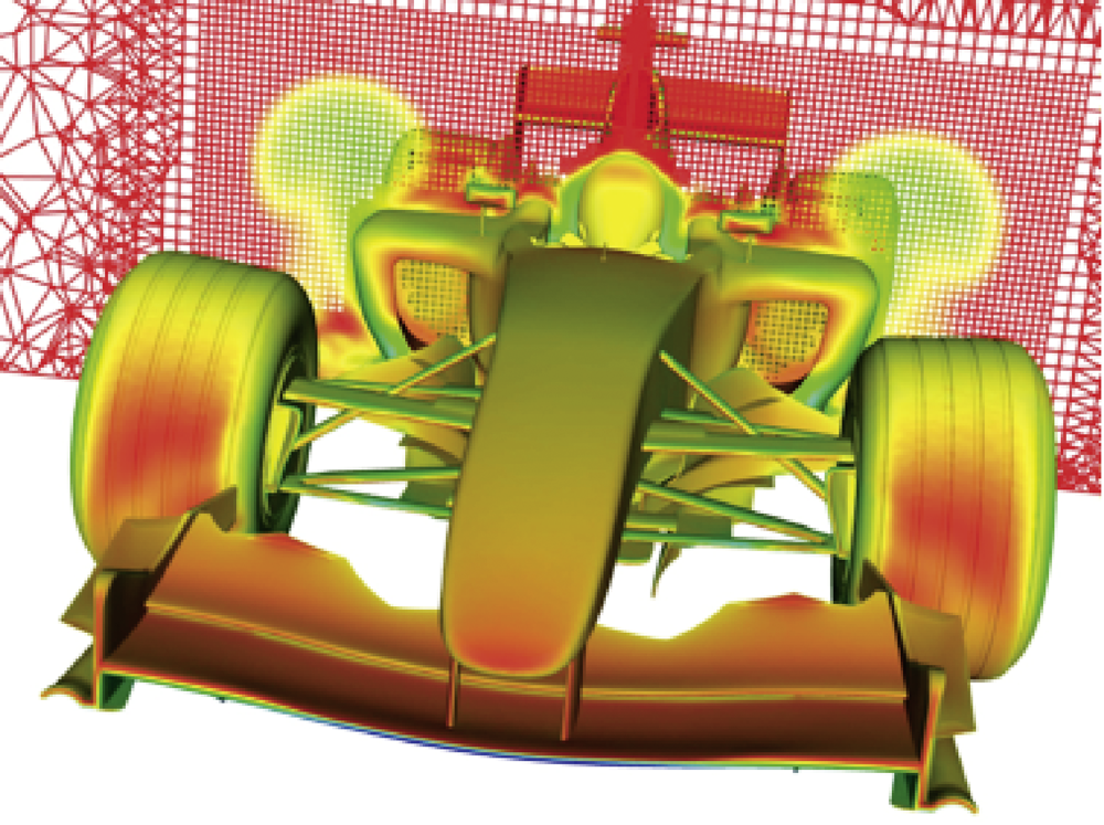 Discretizing a Formula One race car by a non-structured mesh. The image shows a single slice of the 3D grid.