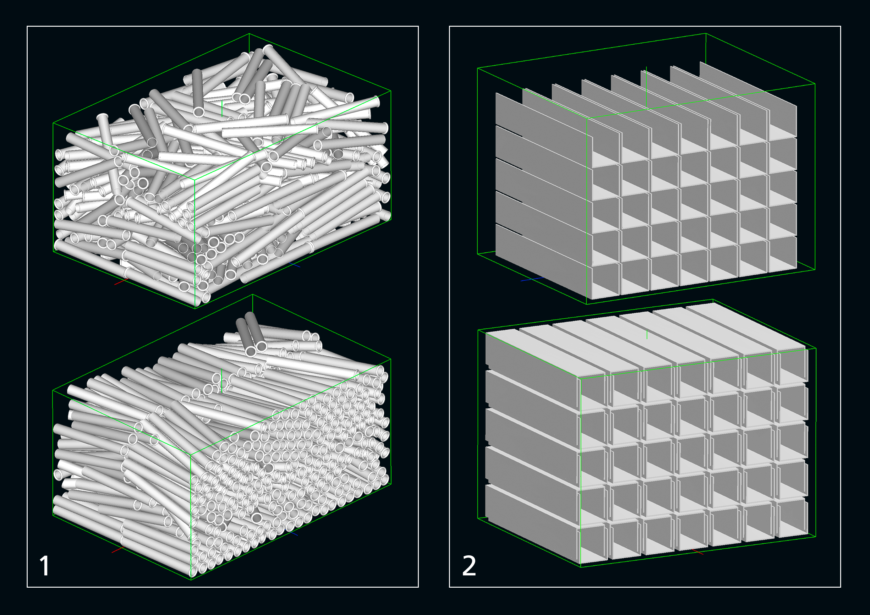 Picture 1: The new version of the software PackAssistant automatically turns every second part upside down. Thus, the container capacity can be increased enormously. Picture 2: Another new feature involves the simulation of bulk material. When a container is filled with long bars a great deal of space is wasted: fewer parts fit into the container than could be achieved if they were all pointing in one direction. With the new PackAssistant version, the user can specify as part of the planning calculation, whether or not the parts should be rotated.
