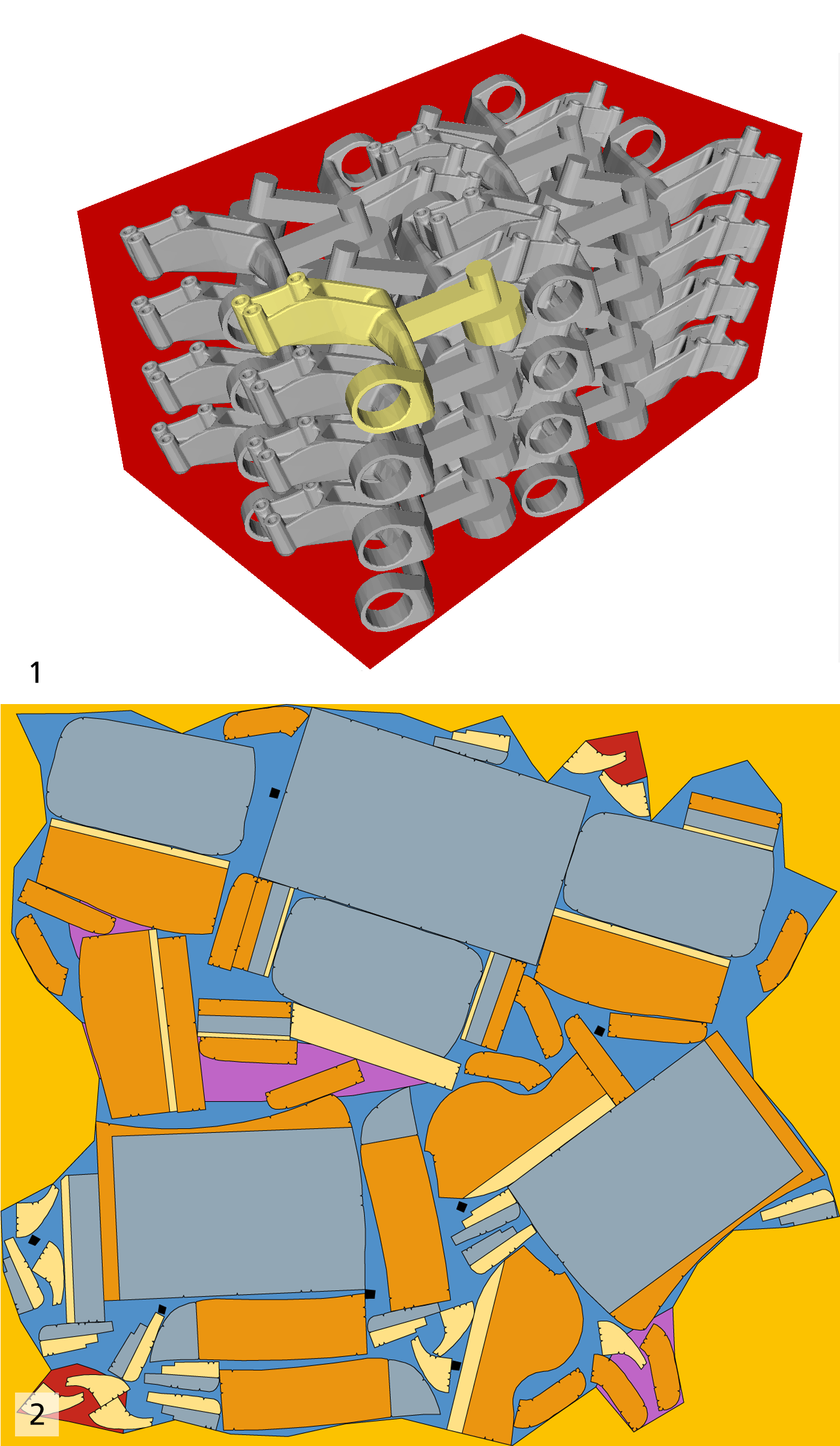 1) PackAssistant is the leading software in the field of optimizing packing configurations of identical parts into containers. 2) AutoNester-L creates automatically optimized markers for leather hides. The software nests the pieces optimally in a very short time, minimizes wasted material, while adhering to various constraints.